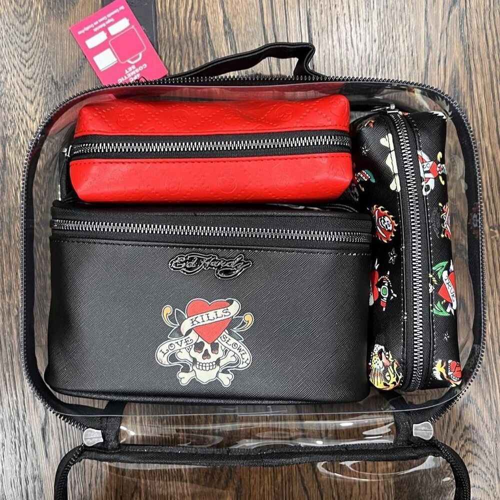 Ed Hardy 4 Piece Cosmetic Makeup Toiletry Bag Clear Transparent Multicolor Red